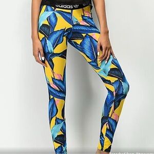 adidas Yellow Leggings with Blue Tropical Leaf Print
